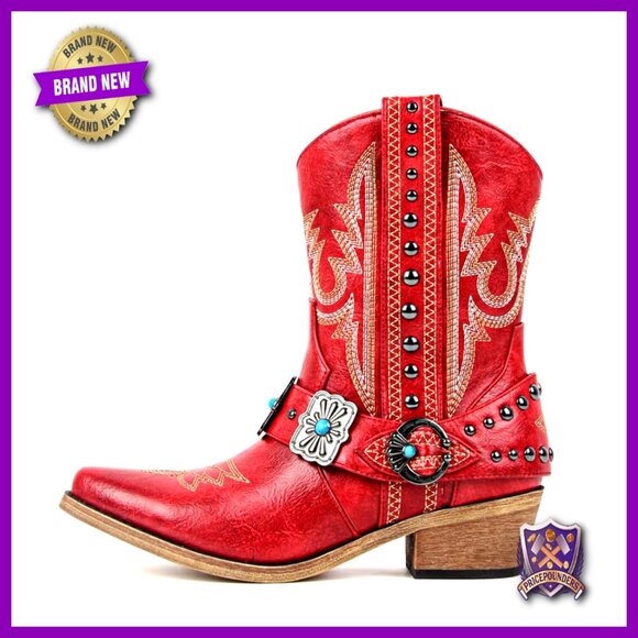 Ankle Boots Western Embroidery Studded Cowgirl Block Heel Rodeo Concert